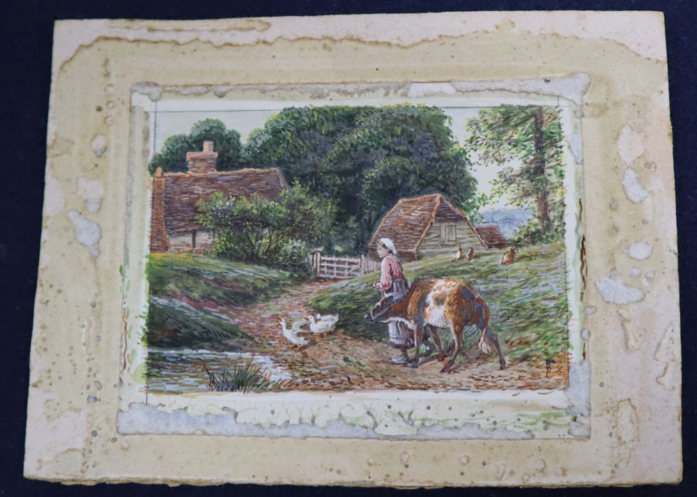 After Birket Foster, watercolour, Girl and calf in a landscape, bears monogram, 6.5 x 10cm, unframed